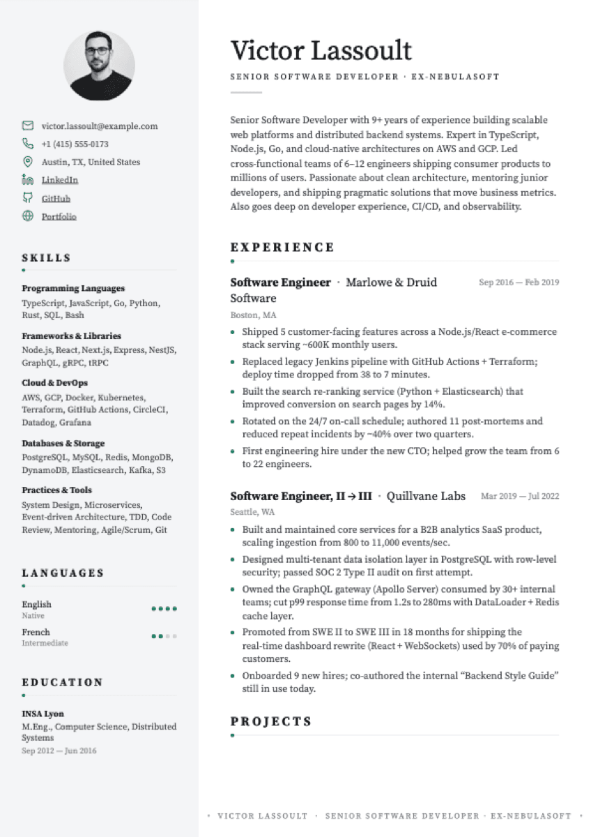 Premium Editorial resume template — restrained serif typography, grey sidebar, curated gold accents