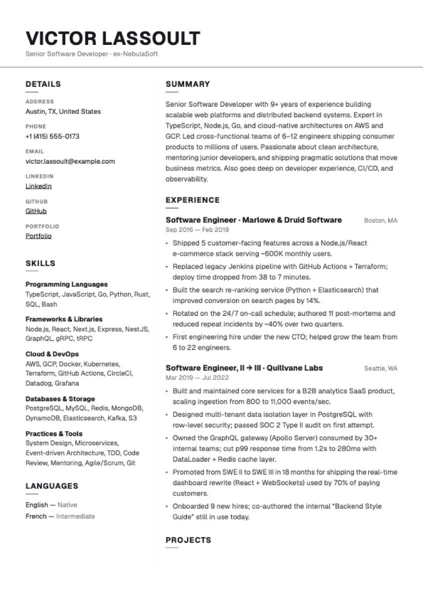 Sidebar Mono resume template preview